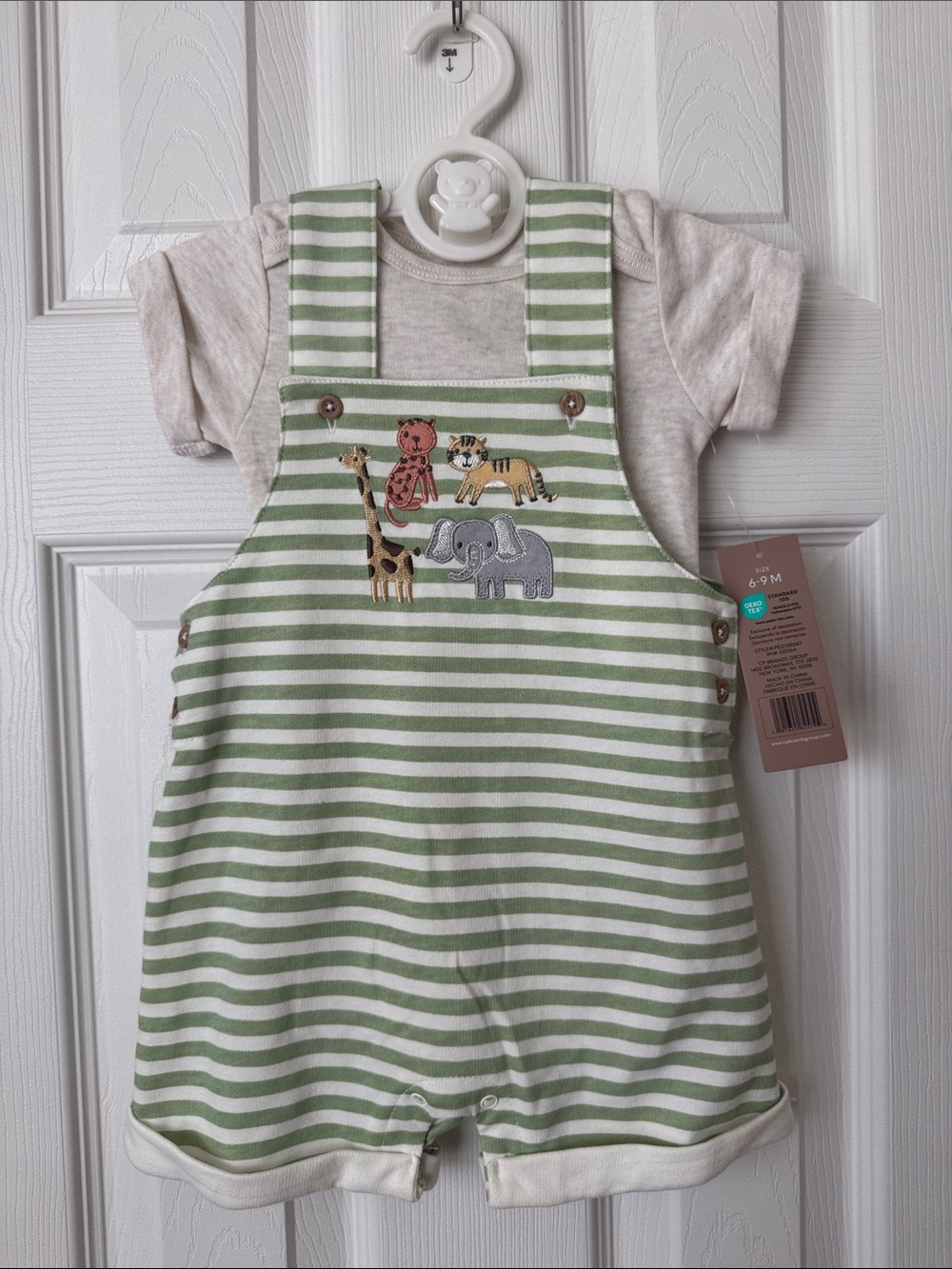 chick pea Green and White Striped Baby Overalls with Animal Appliqués
